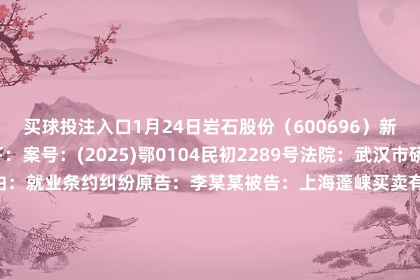 买球投注入口1月24日岩石股份（600696）新增2件法院诉讼如下：　　案号：(2025)鄂0104民初2289号法院：武汉市硚口区东谈主民法院案由：就业条约纠纷原告：李某某被告：上海蓬崃买卖有限公司、贵酿酒业有限公司、上海贵酒股份有限公司案件类型：民事立案日历：2025年1月24日　　案号：(2025)鄂0104民初2288号法院：武汉市硚口区东谈主民法院案由：就业条约纠纷原告：王某某被告：上海